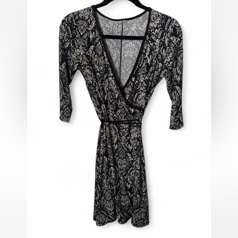 Black and Cream Floral Wrap Dress